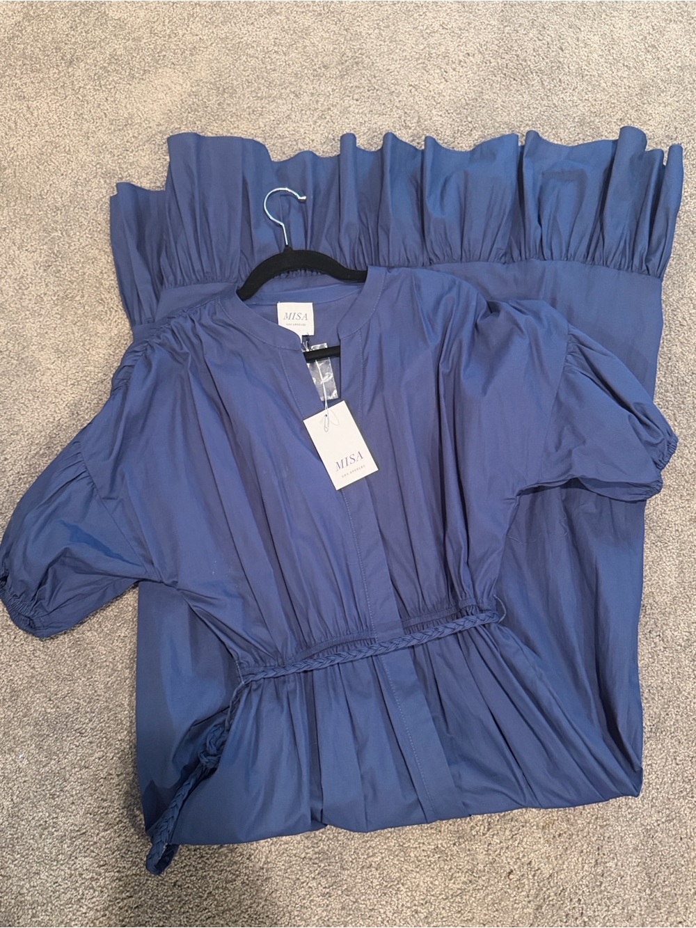 Misa Los Angeles Navy Puff-Sleeve Maxi with Tie braided belt and button down